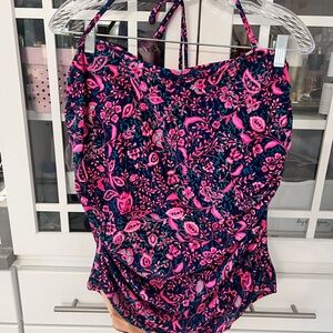 Floral Spaghetti-Strap Top in Navy and Hot Pink